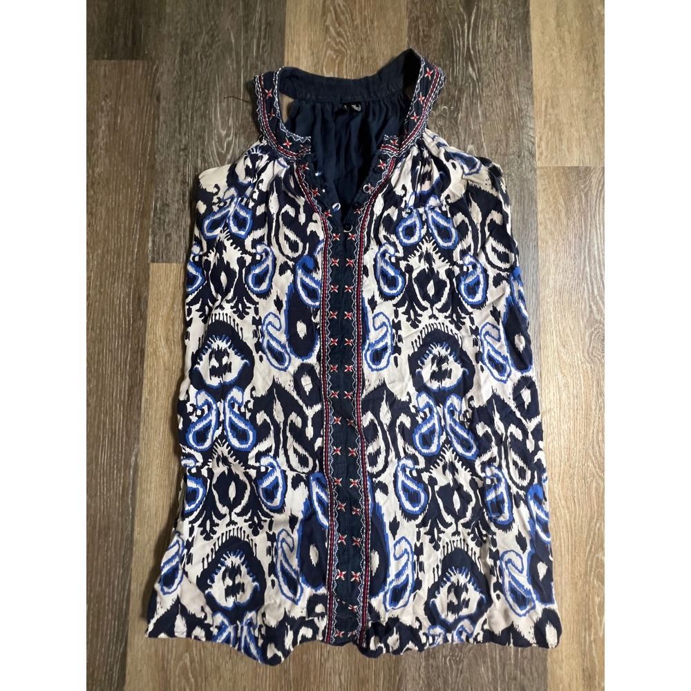 Mango Suit‎ Sleeveless Top Womens L Blue Paisley Ikat Embroidered Boho Good